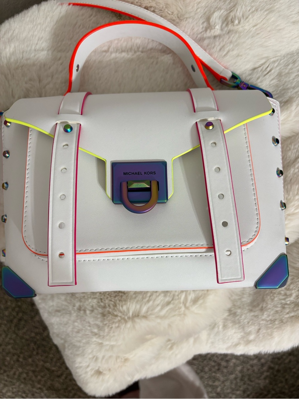 Michael Kors White Leather Satchel with Neon Trim and Iridescent Hardware